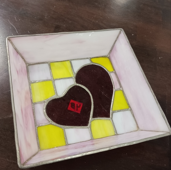 Handmade Stained glass heart ❤️💖 Candy 🍬 Dish Pink/Yellow and Red🥣Nice!🏘🎁 - Picture 4 of 11